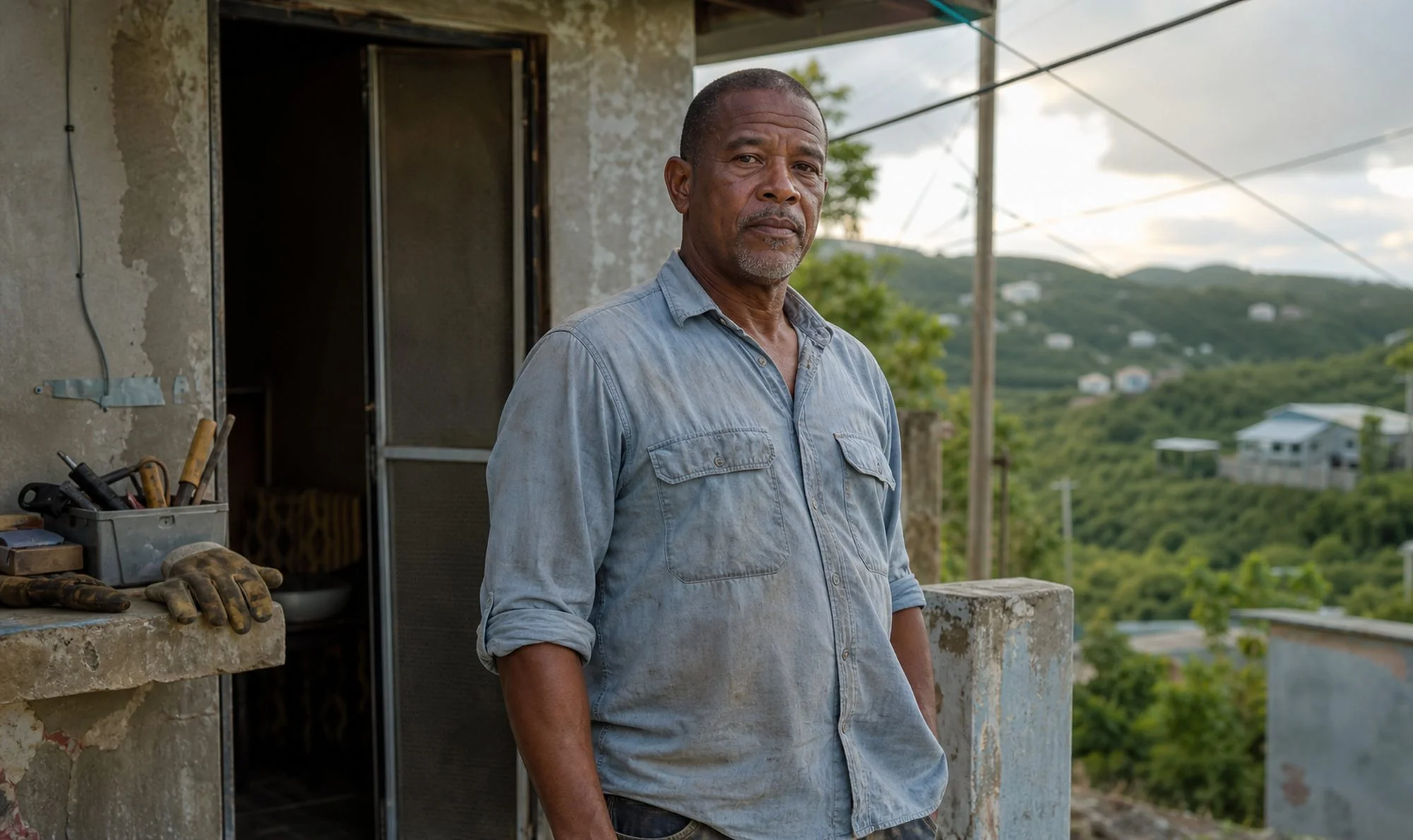 A tradesman in a worn work shirt stands in the doorway of a small house at dusk, tools and gloves on the ledge beside him and green hills behind.