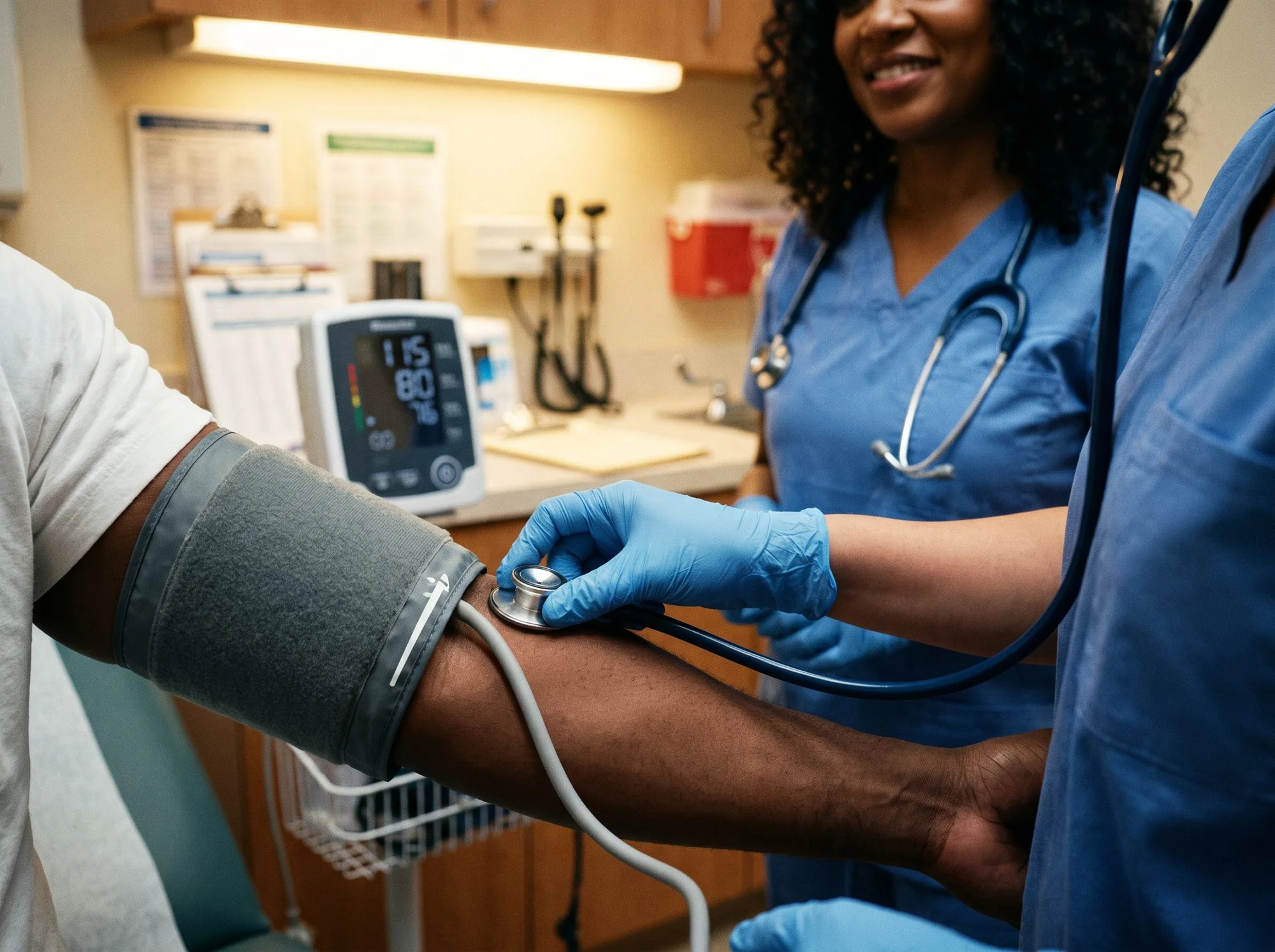 A nurse in scrubs holds a stethoscope against the arm of a patient wearing a blood pressure cuff, with a monitor reading 115 over 80 behind them.