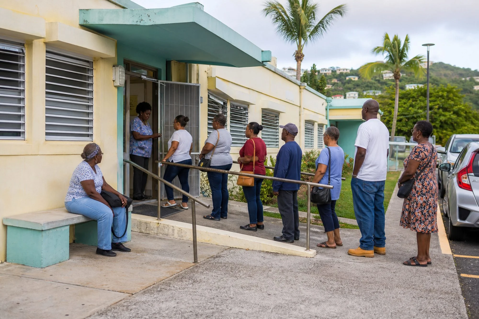 A line of about eight people waits along a ramp outside a clinic door while a staff member in scrubs stands at the entrance.