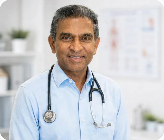 Dr. Arakare Prasad in a light blue shirt with a stethoscope around his neck.