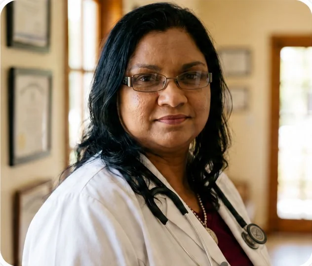 Jennifer Samuel, physician assistant, in a white coat with a stethoscope.