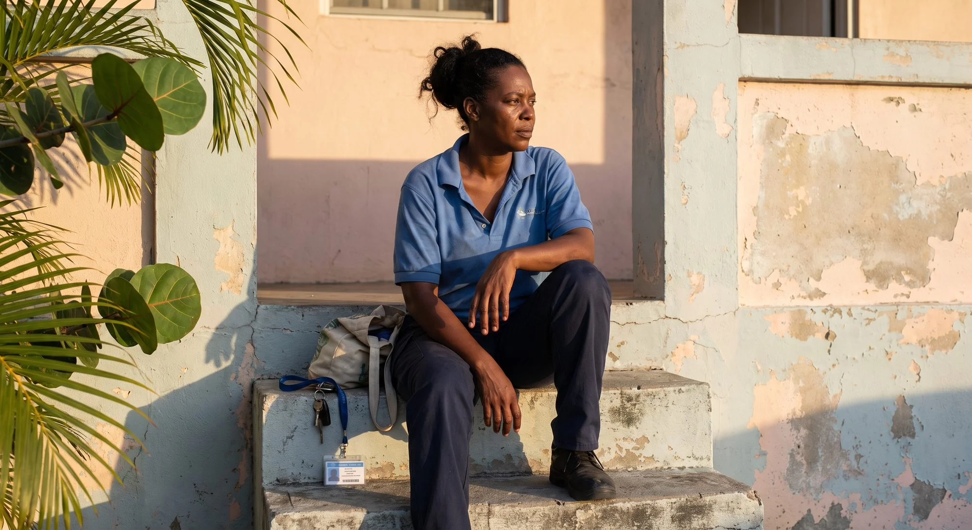 A woman in a work polo with an ID badge sits alone on concrete steps in early light, a bag and keys beside her.